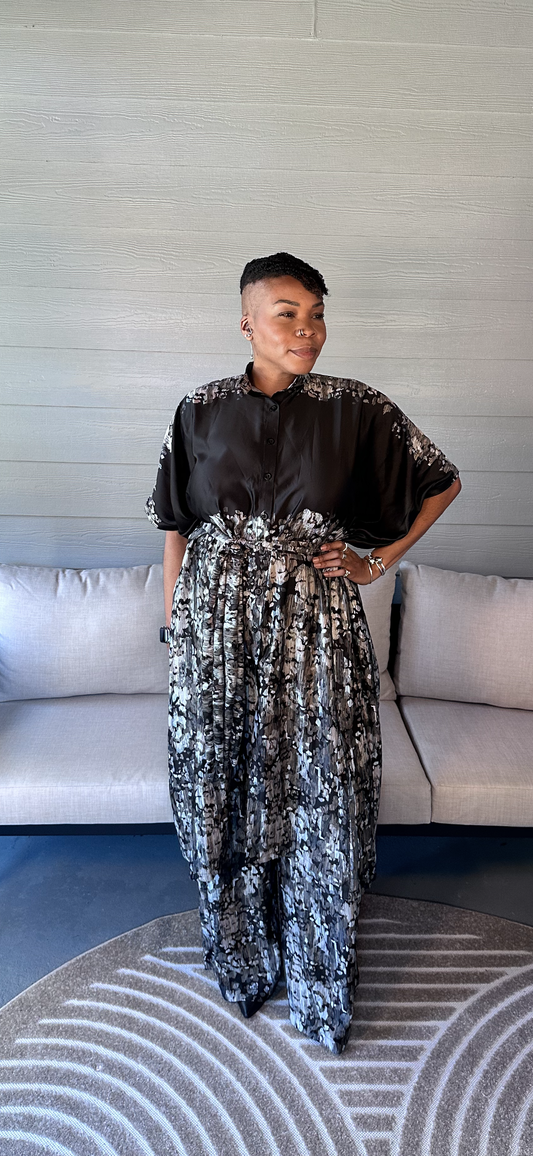 Luxe Marble Silk Kaftan Set – Noir & Ash