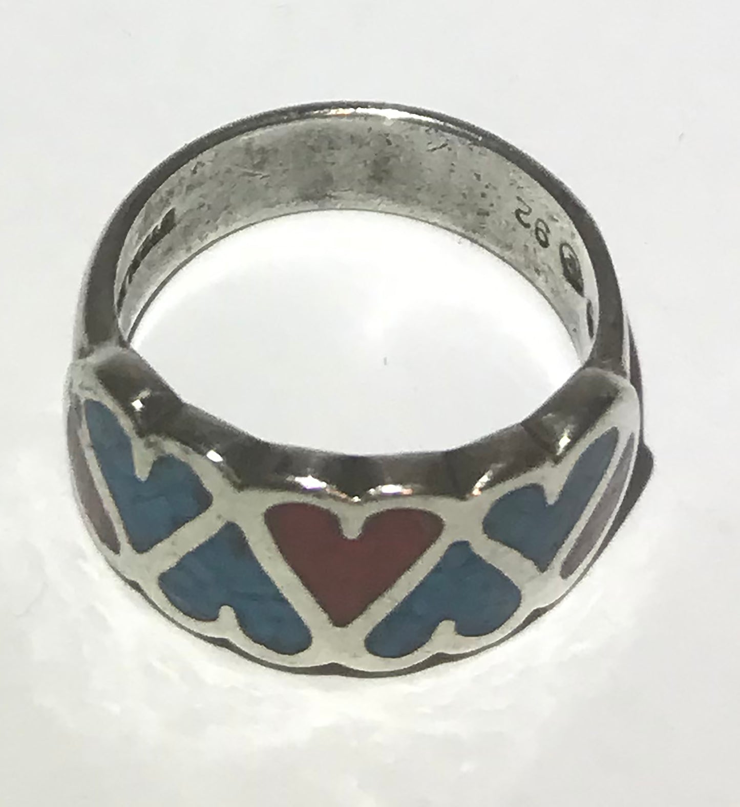 Sterling Silver Heart Inlay Turquoise & Coral Ring (Sz 5)