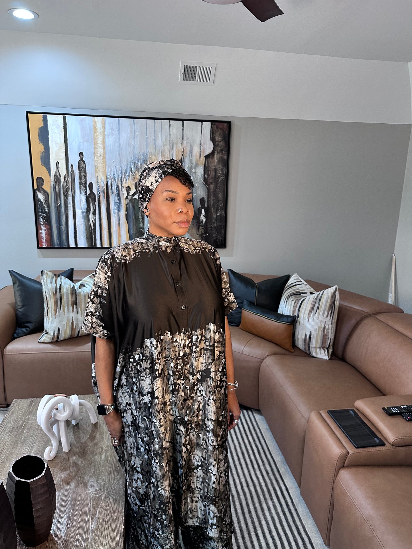 Luxe Marble Silk Kaftan Set – Noir & Ash