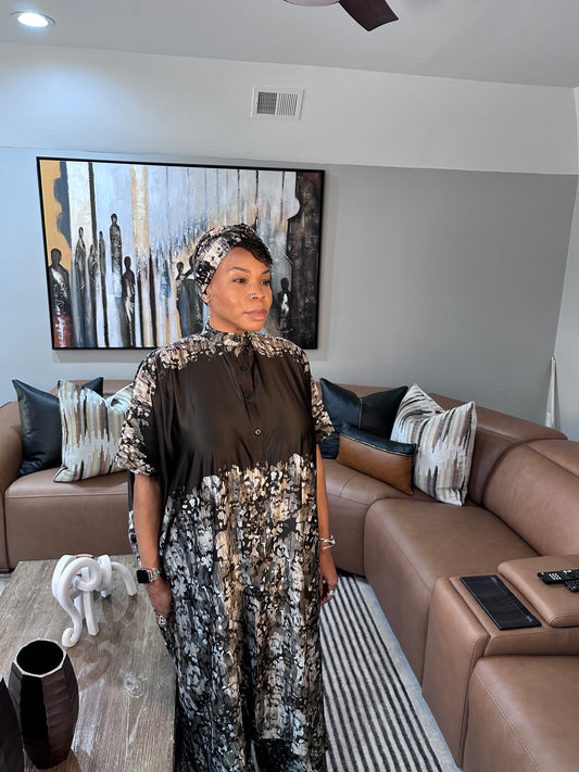 Luxe Marble Silk Kaftan Set – Noir & Ash