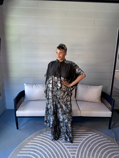 Luxe Marble Silk Kaftan Set – Noir & Ash