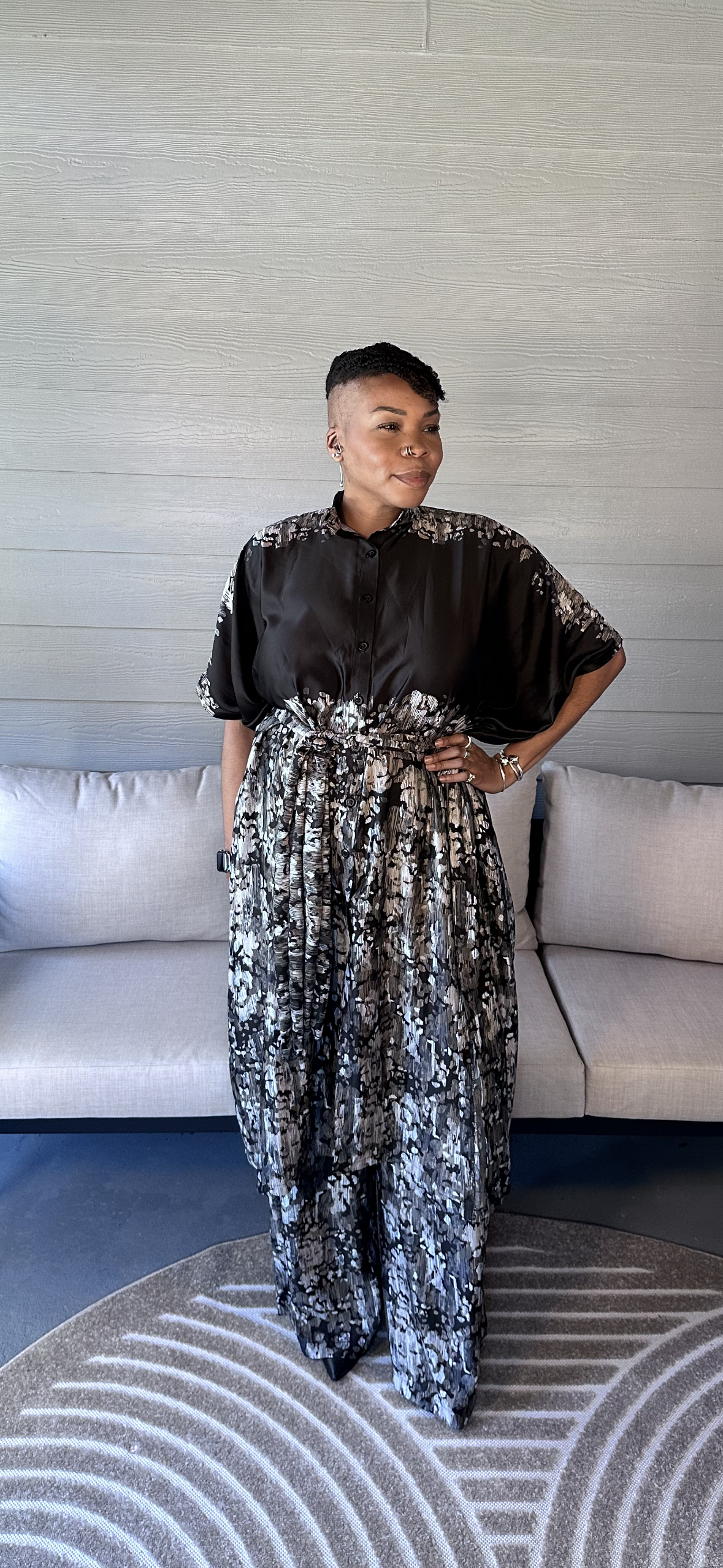 Luxe Marble Silk Kaftan Set – Noir & Ash