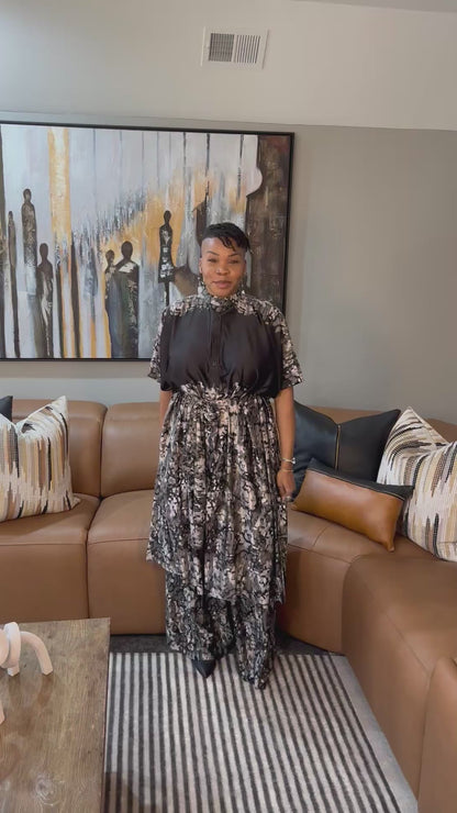 Luxe Marble Silk Kaftan Set – Noir & Ash