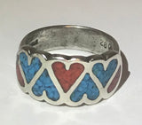 Sterling Silver Heart Inlay Turquoise & Coral Ring (Sz 5)