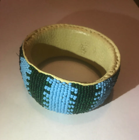 Beaded Leather Bangle Bracelet(green/blue)