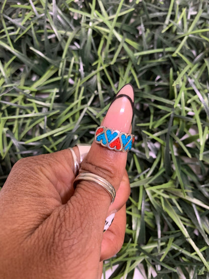 Sterling Silver Heart Inlay Turquoise & Coral Ring (Sz 5)